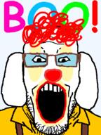 boo clothes clown dog glasses hair janny open_mouth red_hair soyjak stubble suspenders text variant:markiplier_soyjak // 600x800 // 62.2KB
