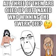 closed_mouth coco_(ongezellig) confused female full_body glasses hair hand oil ongezellig open_mouth raised_eyebrow smile soyjak stubble twerk variant:cobson variant:soytan // 1000x1000 // 288.8KB