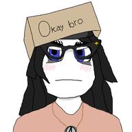 angry beanie blue_eyes blush cardboard closed_mouth clothes glasses hair long_hair necklace serious_hat text variant:soytan // 2048x2048 // 410.6KB