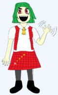 anime artist:Astrofene bell blush clothes dress eyelashes female food full_body glasses green_hair hair hat japan kazami_yuuka long_hair necklace no_nose open_mouth red_dress red_eyes red_shirt red_skirt shoe soy soyjak touhou variant:soytan video_game wave waving yellow_skin // 1352x2196 // 188.4KB