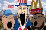 3soyjaks beard black_skin brown_skin cap clothes glasses hair hat irl_background mcdonalds open_mouth soyjak stretched_mouth stubble top_hat trend:soyjak_trio uncle_sam united_states variant:gapejak variant:markiplier_soyjak variant:tony_soprano_soyjak white_hair white_skin // 1629x1080 // 1.7MB
