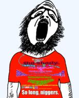 arm beard body_hair clothes distorted full_body glasses hair impact_font open_mouth soyjak stubble text transgender_flag tshirt variant:ignatius // 4000x5000 // 2.8MB