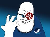 arm bald black_glasses blue_eyes blue_shirt cartoon evil eyes full_head glasses gradient hand head logo mouth nose one_eye open_mouth smile steam_(platform) stubble syndrome_(the_incredibles) teeth the_incredibles valve variant:syndromejak villainous white_skin white_teeth // 1069x801 // 111.2KB