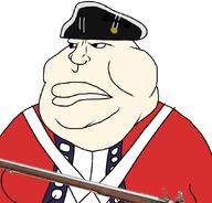 american_revolutionary_war british british_empire closed_mouth clothes fat hat musket obese redcoat soyjak tricorn united_kingdom variant:meximutt white_background white_skin // 888x849 // 181.3KB