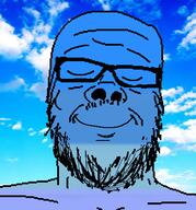 blue_skin calm closed_eyes closed_mouth glasses irl_background mustache smile soyjak stubble variant:a24_slowburn_soyjak // 425x456 // 124.8KB