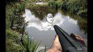 animal bird closed_mouth duck eyebrows glasses gun hand holding_gun holding_object imminent_death irl_background lake megamind raised_eyebrow shotgun smile smug soyjak stubble subvariant:smugquack variant:smugjak video // 1280x720, 18.9s // 2.9MB