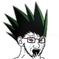 anime bloodshot_eyes crying ear glasses gon_freecss green_hair hair hunter_x_hunter open_mouth soyjak stubble variant:soyak // 500x500 // 136.8KB