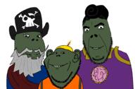 3soyjaks antenna artist:kernung beard closed_mouth clothes green_skin grey_hair hat pirate pirate_hat plants_vs_zombies smile soyjak subvariant:wholesome_soyjak superhero variant:cobson variant:gapejak variant:impish_soyak_ears video_game zombie // 2028x1332 // 86.3KB