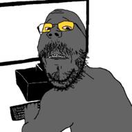 arm bloodshot_eyes computer glasses grey_skin merge soot soot_colors soyjak soyjak_party stubble text variant:gapejak variant:zoomer_on_computer // 663x668 // 22.7KB