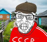 cap clothes cloud crazed glasses grass hat irl_background mustache russia soviet_union soyjak stubble text track_suit variant:feraljak wrinkles // 544x487 // 220.3KB