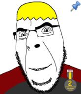 badge clothes glasses hair nate push_pin smile smug soot_colors soyjak soyjak_party sticky stubble text variant:cobson yellow_hair // 775x902 // 46.0KB