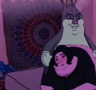 animal arm bbw bed closed_mouth clothes fat glasses hair hand irl irl_background meta:pornographic_content obese rabbit sex smile soyjak tapestry variant:chudjak // 959x895 // 124.6KB