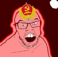 angry building china communism communist_party_of_china glasses glowing hammer_and_sickle mustache open_mouth red red_skin soyjak stubble trend:glowie variant:feraljak // 994x989 // 423.3KB