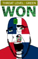 ahegao bible book christianity country cross dominican_republic emerald flag flag:dominican_republic gem glasses green green_eyes hair looking_up open_mouth schlog_color_event soyjak soyjak_blog spear stubble teeth text threat_level_green variant:cobson won // 721x1115 // 168.8KB