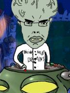 arm big_brain button closed_mouth clothes ear glasses green_skin hand millions_must_die plants_vs_zombies soyjak subvariant:chudjak_front text variant:chudjak video_game yellow_teeth zombie zomboss // 600x800 // 415.2KB