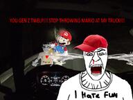 angry bleed chud fuming gen_z i_hate_fun mario mario_plushie night nosebleed red_cap smoke truck variant:chudjak yelling // 800x600 // 496.3KB