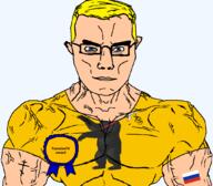 arm award axe bear blue_eyes buff christianity closed_mouth clothes eastern_orthodox eyes_like_the_o-o-cean flag flag:russia glasses hair oblast orthodox_cross russia soyjak subvariant:chudjak_front subvariant:muscular_chud text transparent transparent_background tshirt variant:chudjak vein yaroslavl_oblast yaroslavtv yellow_hair // 1059x929 // 108.3KB