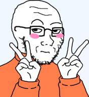 arm blush closed_mouth clothes glasses hand hands_up looking_up orange soyjak stubble v_sign variant:soyak // 887x968 // 110.1KB