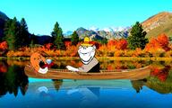 animal arm autumn boat clothes ear fish fishing full_body gem hand hat inhuman irl_background mirror mountain open_mouth orange_skin river smile soyjak stubble tail tongue tree variant:gapejak variant:impish_soyak_ears water yellow_sclera // 1920x1200 // 957.4KB