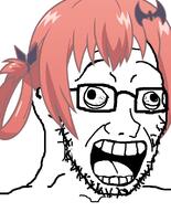 anime crazed eyes_popping gabriel_dropout glasses hair open_mouth red_hair satania screaming soyjak stubble tongue variant:soyak // 644x800 // 109.5KB