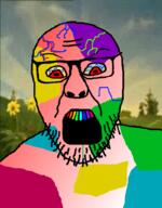 glasses irl_background open_mouth red_eyes soyjak stubble trend:colorjak variant:feraljak_front vein // 800x1024 // 521.2KB