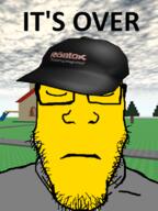 cap closed_mouth clothes cloud glasses grey_shirt hat its_over roblox stubble text variant:markiplier_soyjak yellow_skin // 562x750 // 116.4KB