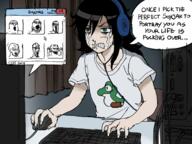 anime clothes computer crying duel green_eyes hair hand hands_up headphones multiple_soyjaks open_mouth redraw screen soyjak speech_bubble text tomoko tshirt variant:a24_slowburn_soyjak variant:gapejak variant:markiplier_soyjak variant:soyak variant:tony_soprano_soyjak video_game yoshi // 1634x1223 // 1.4MB