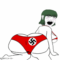 animated arm ass blush byonbyon female femjak glasses green_hair hair hand leg nazism open_mouth poyopoyo soyjak swastika underpants variant:cobson // 400x356 // 278.9KB