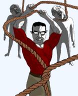 3soyjaks arm buff chud clothes ear glasses hair hand hanging high_effort holding_object holding_rope leg lynching mustache red_shirt rope shading shadow smug stubble subvariant:chudjak_front subvariant:muscular_chud template variant:bernd variant:chudjak // 977x1200 // 148.2KB