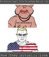 american_flagan amerimutt arm belly blond blue_eyes bottle breasts brown_eyes brown_skin clothes coca_cola dirty_mouth ear fat fist front_facing hand injection lips looking_at_you mcdonalds mutt nipple open_mouth red_pants saliva selfie shirtless sonnenrad soyjak stubble subvariant:impish_amerimutt subvariant:impish_front subvariant:muscular_chud sweating tattoo text trend:aryan variant:chudjak variant:impish_soyak_ears // 2529x2949 // 1.5MB