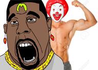 artist:romanian_schizo beard big_ronald_cock black_skin brc bwc clothes earring grey_eyes hair kanye_west mcdonalds necklace open_mouth ronald_mcdonald sex soyjak tshirt variant:cobson // 999x718 // 337.2KB