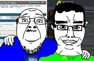 2soyjaks blue_shirt chud_troon_alliance closed_mouth clothes forum friendship glasses green_shirt internet kiwifarms looking_at_you smile somethingawful soyjak stubble subvariant:chudjak_front text variant:bernd variant:chudjak website // 834x541 // 102.8KB