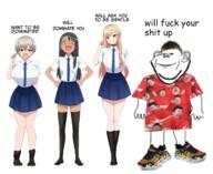 anime anime_female arm big_breasts blue_eyes breasts brown_eyes brown_skin clothes comic_sans ear female full_body grey_hair hair hair_clip hand huge_breasts ijiranaide_nagatoro_san just_fuck_my_shit_up kitagawa_marin leg long_hair medium_breasts nagatoro_hayase necktie nikocado_avocado open_mouth orange_hair pantless pink_hair red_eyes robe school_uniform shoe skirt smile sneakers sono_bisque_doll_wa_koi_wo_suru soyjak stubble text uzaki_chan_wa_asobitai uzaki_hana variant:impish_soyak_ears white_skin yellow_hair // 684x559 // 356.4KB