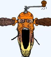bloodshot_eyes brown_skin calm coffee coffee_beans ear espresso glasses ground_coffee handle ogre_ears open_mouth orange_skin soyjak stubble variant:markiplier_soyjak vein // 892x1000 // 207.3KB
