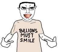 arm closed_mouth clothes ear glasses hair hand merge millions_must_die pointing smile soyjak subvariant:chudjak_front text tshirt variant:chudjak variant:shirtjak // 618x559 // 95.6KB