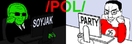 clothes dark glowing green_skin meta:banner pol_(soyjak_party) politics red_shirt smug suit suit_and_tie swastika variant:chudjak variant:soyak // 900x300 // 35.7KB