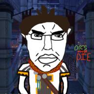 angry brown_hair closed_mouth clothes ear glasses hair millions_must_die orcs_must_die soyjak subvariant:chudjak_front text variant:chudjak video_game // 800x800 // 593.2KB