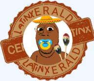 accessory baby badge black_skin brown_skin closed_mouth deformed distorted glasses latinx latinxerald maracas mexico nigger pacifier shitskin sombrero soyjak stamp stubble subvariant:emmanuel text variant:gapejak // 348x301 // 111.8KB