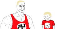 aryan blond blue_eyes child father flag:nazi_germany red_shirt son swastika tank_top variant:chudjak variant:soyak // 1562x758 // 33.8KB