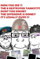 3soyjaks black_eye combat_helmet communism glasses hammer_and_sickle helmet its_just_getting_started military photo russia russo_ukrainian_war smile soyjak ssh ssh-39 stubble subvariant:wholesome_soyjak tank text ukraine variant:a24_slowburn_soyjak variant:gapejak variant:markiplier_soyjak z_(russian_symbol) // 696x1024 // 133.9KB