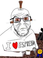 award bloodshot_eyes brown_eyes coffee coffee_beans coffee_grinder cup espresso holding_object i_love looking_at_you portafilter text ugly variant:feraljak wrinkles yellow_teeth // 1011x1367 // 880.8KB