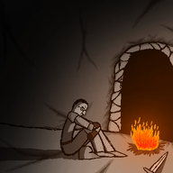 bonfire cave closed_eyes closed_mouth drawing dungeon fantasy knight medieval relaxing sad side_profile sword variant:chudjak // 400x400 // 99.4KB