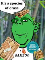 ask_me_about background bamboo chopsticks clothes ear forest fork glasses green green_glasses green_skin hat i_heart knife puzzle shirt_with_words smile spoon stubble subvariant:wholesome_soyjak toy variant:gapejak // 900x1200 // 880.5KB