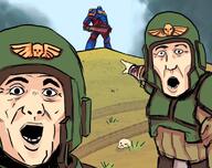 2soyjaks adeptus_astartes arm astartes blood chainsaw chainsword clothes drawn_background hand helmet imperial_guard open_mouth pointing skull soy_parody space_marines ultramarine ultramarines variant:two_pointing_soyjaks warhammer white_skin // 1125x888 // 876.5KB