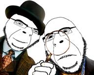 2soyjaks biting_lip bowler clothes detective glasses hand hat holding_object magnifying_glass necktie sherlock_holmes soyjak stubble subvariant:hornyson suit variant:cobson // 513x406 // 185.4KB