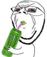 arm bloodshot_eyes drinking drinking_straw glasses hand holding_object monster_energy soyjak stubble subvariant:wholesome_soyjak tired variant:gapejak wrinkles // 900x1091 // 606.9KB