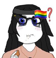 alternate avengers blue_eyes blushing brimmiest_comments_section☣️☣️☣️_do_not_enter☣️☣️☣️ closed_mouth clothes confused crumbs eating female flag flag:lgbt_pride_flag food glasses hair hand holding_object homophobia lgbt meme question_mark soyjak variant:soytan 🏳️‍🌈? // 500x518 // 79.8KB