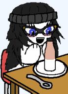 beanie blue_eyes blush clothes eyelashes hair necklace soy soyjak soylent variant:soytan // 177x244 // 19.1KB