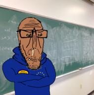 arm award beard blackboard blue_shirt chalkboard closed_mouth clothes crossed_arms euromutt european_union flag:european_union glasses irl_background shitskin smile smug soyjak subvariant:euromutt sweater teacher // 485x489 // 253.6KB