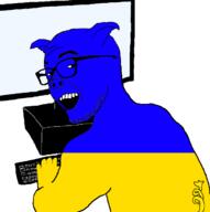 animal computer flag glasses open_mouth pig smile soyjak stubble ukraine variant:zoomer_on_computer // 696x701 // 31.6KB
